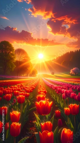 Vibrant tulip field at sunset with colorful sky