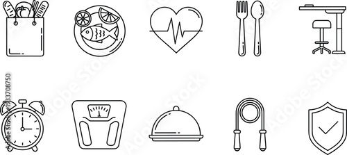 Healthy lifestyle and daily routine line icon set, grocery bag, fitness, nutrition, restaurant and wellness symbols