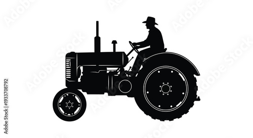 A striking black silhouette depicts a vintage tractor with a farmer driving showcasing rural life silhouette high quality