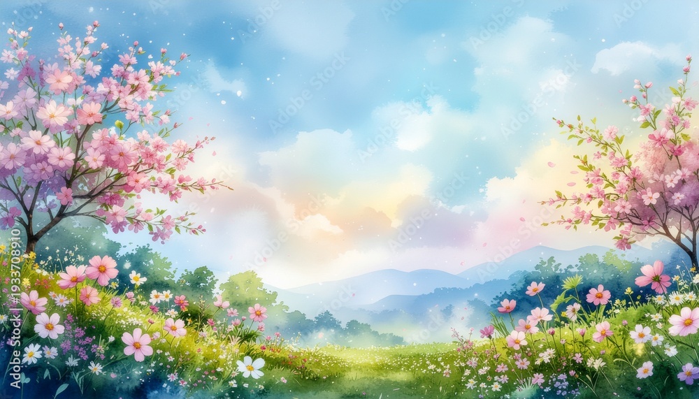 Fototapeta premium 夢のような淡い色彩で描かれた、桜と野花が彩る穏やかな春の日のパノラマ