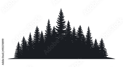 A dense grouping of evergreen trees rendered as a stark black shape against a white background silhouette