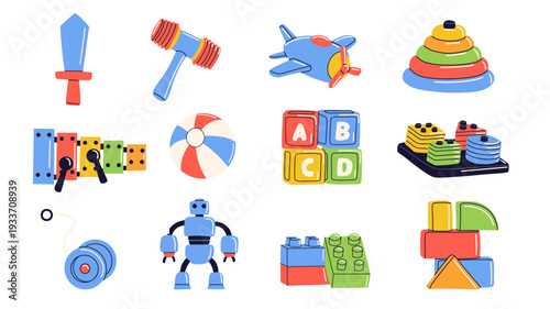 Colorful flat vector set of children’s toy. Cute cartoon style isolated on light background. Perfect for kids design, preschool education, nursery decor, toy store branding, and playful illustrations.