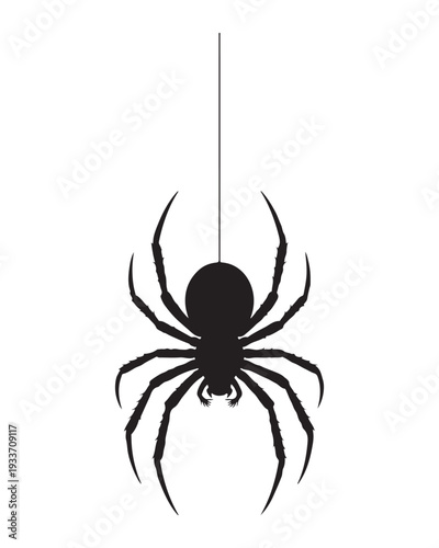 A black spider silhouette hanging from a thin thread in a minimalist The spider is depicted with eight legs and a round body, creating a stark contrast against a white background