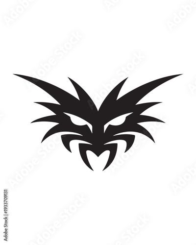 A bold black and white of a stylized skull with spiky hair and an open mouth, creating a fierce and intense