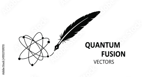 Feather pen drawing atomic orbits, symbolizing science and creativity in fusion.
