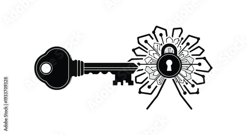 Key unlocking a digital security lock with intricate technological design