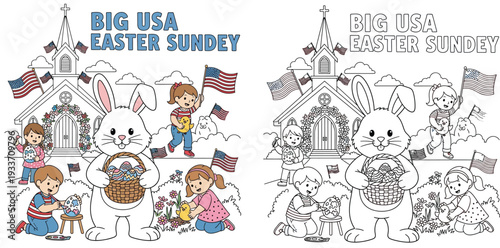 Colored and outline USA Easter Sunday coloring page with giant bunny, children, church, and US flags.