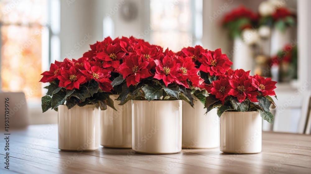 Fototapeta premium Ceramic Planters Holding Vibrant Red Poinsettias