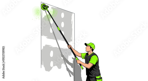 Man cleaning wall with long-handled scrubber, bright circles of light