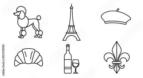 Parisian Icons: Poodle, Eiffel Tower, Croissant, Wine, Beret, Fleur-de-lis
