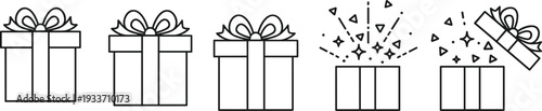 Minimalist gift box icon set, line art present opening sequence illustration for celebration, birthday, Christmas, surprise and holiday design