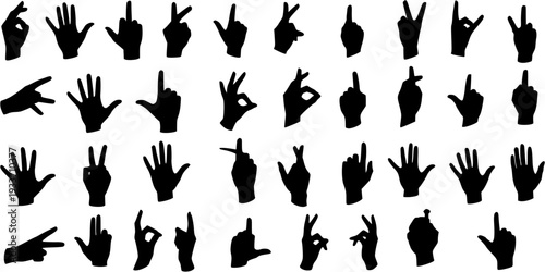 Diverse collection of human hand gestures and signs, presented as black silhouettes on a white background, depicting communication, counting, and expressive signals.