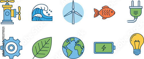 Renewable energy icons set, eco power generation symbols, wind turbine wave battery plug globe vector illustration collection