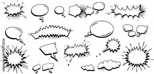 Comic Speech Bubbles and Explosion Shapes Set. Retro Cartoon Pop Art Thought and Talk Elements with Halftone Dots. Vector Collection