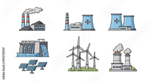 Various Energy Production Facilities Illustration.