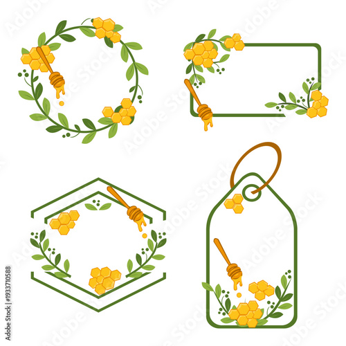 Honey label collection green botanical badge set vector