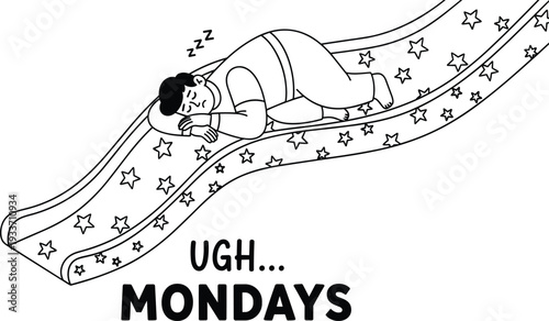 Sleeping boy on star slide illustration, funny Monday mood cartoon design black and white coloring page vector