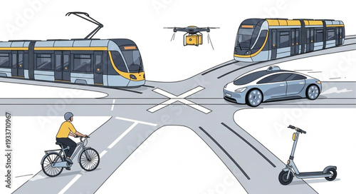 Various Modern Transportation Modes Intersecting.