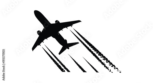 A striking black silhouette of a passenger airplane in flight leaving vapor trails behind it silhouette high quality