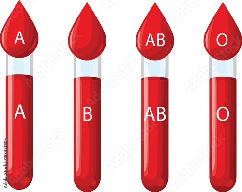 ABO Blood Group Types in Test Tubes with Red Drops A B AB O Isolated on White Background Medical Vector Illustration