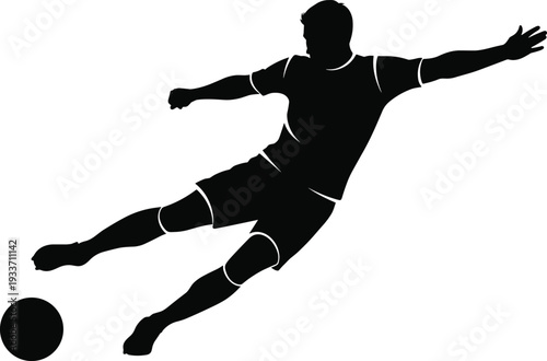 Soccer player kicking ball silhouette, football athlete in action sport vector illustration isolated on white background design