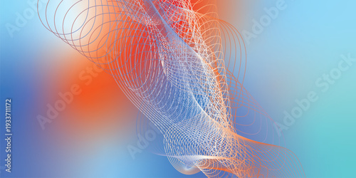 Abstract orange, azure, and white gradient backdrop with floating light particles and smooth curves, modern tech concept, vector style
