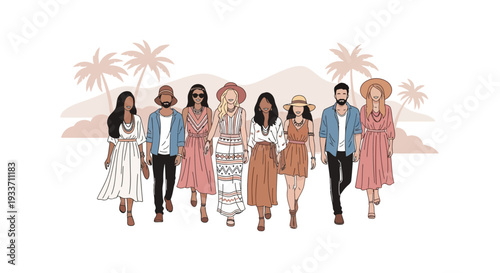 This flat design vector illustration showcases a diverse group of stylish festival-goers in boho-chic attire, embodying the vibrant fashion culture of a music and arts event. 