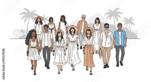 This flat design vector illustration showcases a diverse group of stylish festival-goers in boho-chic attire, embodying the vibrant fashion culture of a music and arts event. 