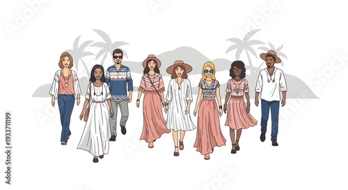 This flat design vector illustration showcases a diverse group of stylish festival-goers in boho-chic attire, embodying the vibrant fashion culture of a music and arts event. 