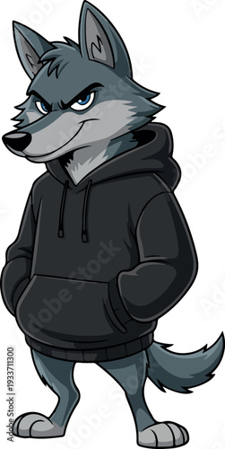 Cool confident wolf cartoon character wearing a sleek black hoodie