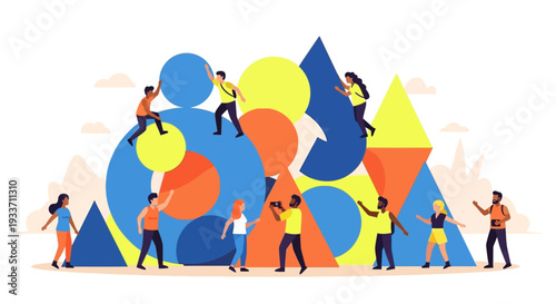 This flat design vector illustration captures diverse festival attendees joyfully interacting with a striking, abstract art installation in the desert landscape. 