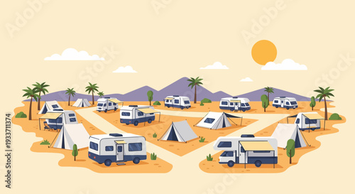 This flat design vector illustration showcases a well-organized festival camping and glamping site, complete with stylish tents and RVs under the desert sun. 