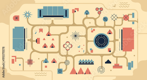 This flat design vector illustration provides a clean, aerial overview of a vibrant music festival ground, showcasing stages, tents, and pathways in a stylized, map-like format. 