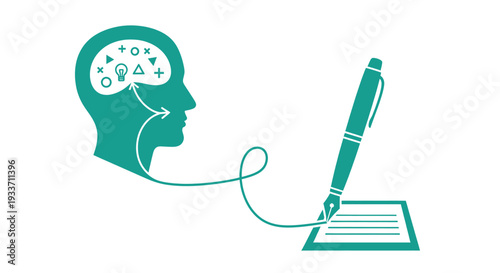 A teal human profile connected by a long flowing line to a fountain pen writing on a document for creative expression.