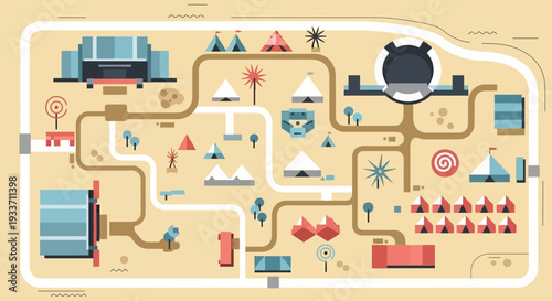 This flat design vector illustration provides a clean, aerial overview of a vibrant music festival ground, showcasing stages, tents, and pathways in a stylized, map-like format. 