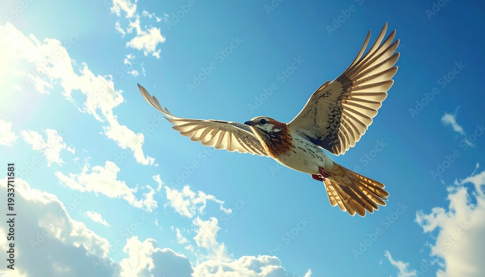 Obraz premium Bird in flight against a blue sky with clouds.