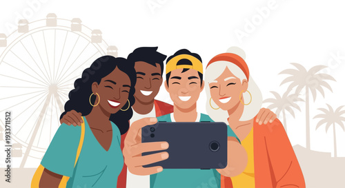 This flat design vector illustration depicts a diverse group of friends happily taking a selfie, capturing their joyous festival experience with iconic landmarks in the background. 