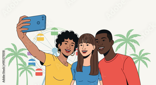 This flat design vector illustration depicts a diverse group of friends happily taking a selfie, capturing their joyous festival experience with iconic landmarks in the background. 