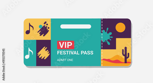 This flat design vector illustration showcases a stylized VIP festival pass or entry ticket, featuring minimalist icons for music, art, and the desert. 