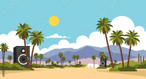 A clean flat design vector illustration capturing the iconic Palm Springs desert landscape, featuring towering palm trees and mountains, subtly hinting at the vibrant festival atmosphere. 