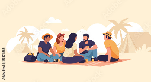 This flat design vector illustration depicts a diverse group of friends relaxing together during a peaceful festival morning, enjoying camaraderie amidst the desert landscape. 