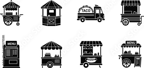 Street food cart and truck silhouette icon set, taco van, hot dog stand, market kiosk menu illustration