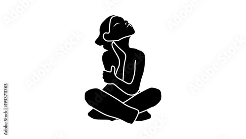 a  little girl sitting and dreaming, black isolated silhouette