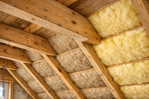 Fiberglass and mineral wool insulation batts installed in wooden roof cavity, innovative insulation sustainable materials 