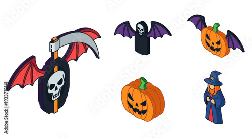 Halloween Icons: Grim Reaper Scythe, Bat, Pumpkins, Witch, Ghost