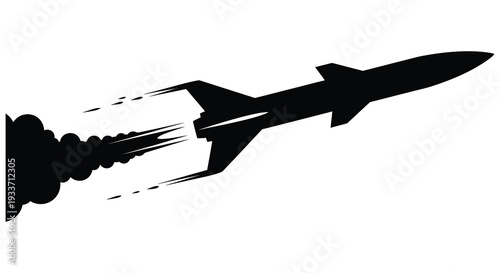 A dynamic black silhouette of a rocket launching with prominent exhaust plumes conveying speed and power silhouette