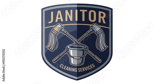 Janitor Cleaning Services Emblem with Mops and Bucket.