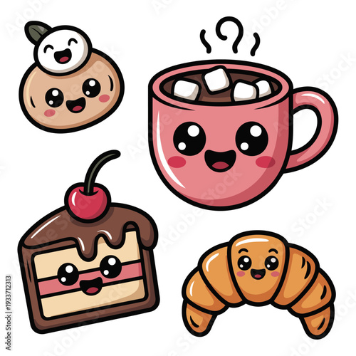A charming vector doodle set featuring cute, rounded coffee cups and happy desserts. A plump mug of hot cocoa with marshmallow eyes and a small steam swirl, a slice of cake with a friendly smile 