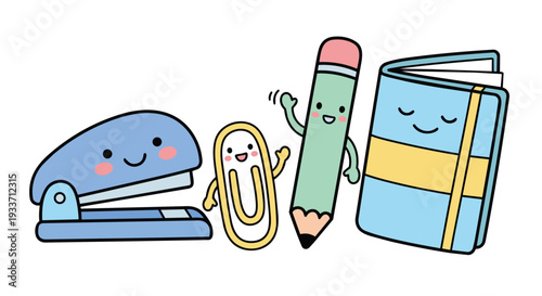 A collection of adorable, hand-drawn vector doodles of smiling stationery items. Includes a happy stapler with pink cheeks, a joyful paperclip with tiny eyes, a pencil waving its eraser, 
