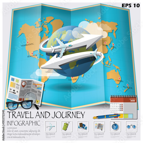 Travel and Journey Infographic Mega-Set. Vector Illustration of Global Map, Aviation Routes, and Tourist Equipment Icons